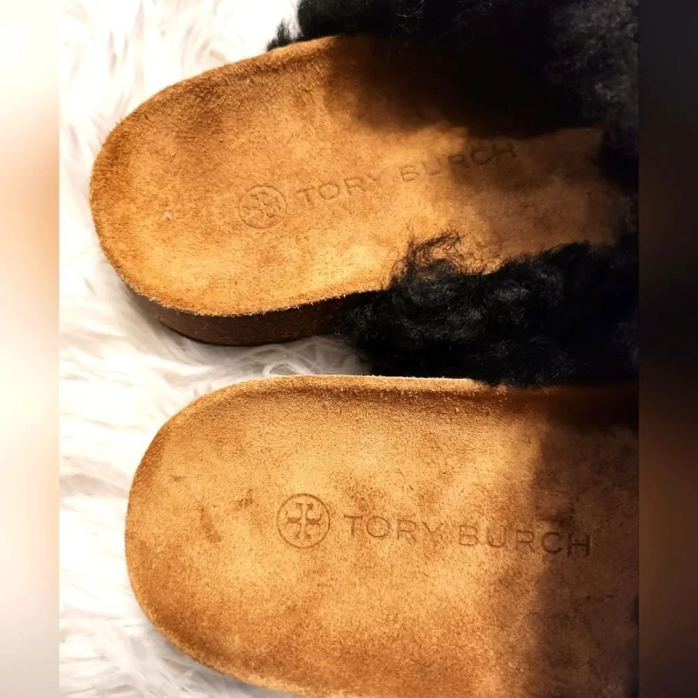 Tory Burch Charm Mammouth Shearling Mules Shoes Perfect Black Size 6